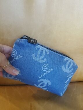 CHANEL Denim Jean Blue Logo Cosmetic Bag Clutch Pouch